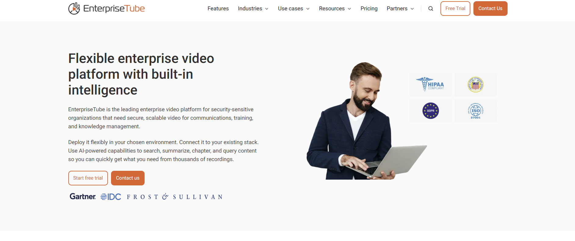 a screenshot of the enterprisetube homepage, a white-label video streaming platform