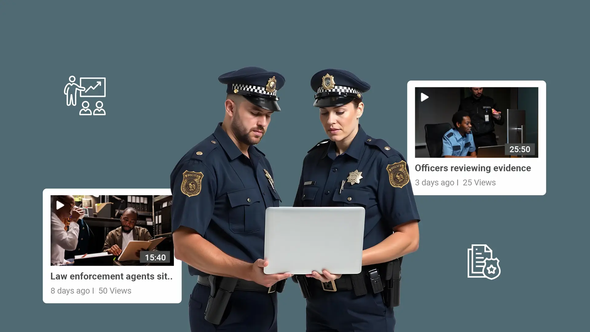 Two police officers, a male and a female, are examining information on a laptop. They are dressed in uniforms with badges, indicating their law enforcement roles. To the right of the officers, a video thumbnail titled 