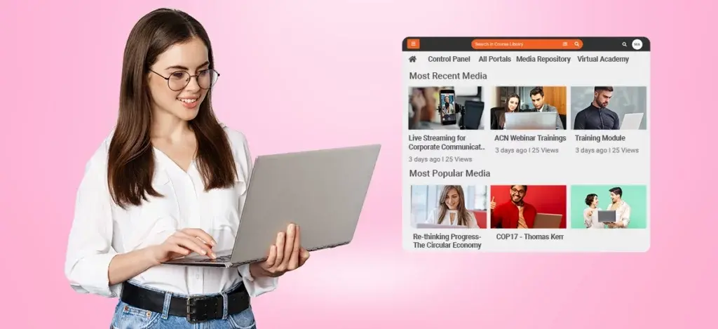 A girl holding a laptop with the video content management system opened