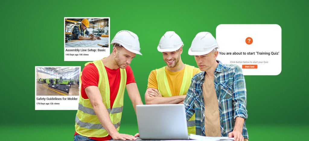 Construction workers looking at a manufacturing video training platform