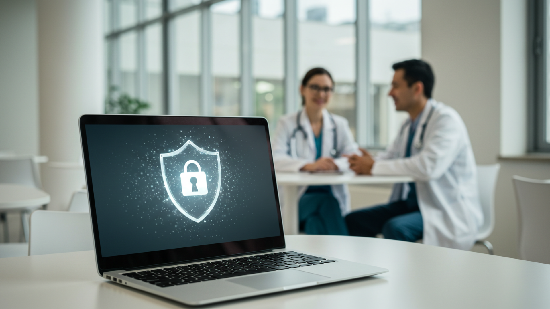 A laptop displaying a digital lock icon on its screen sits on a table, with two healthcare professionals conversing in the blurred background, symbolizing data security in healthcare settings.