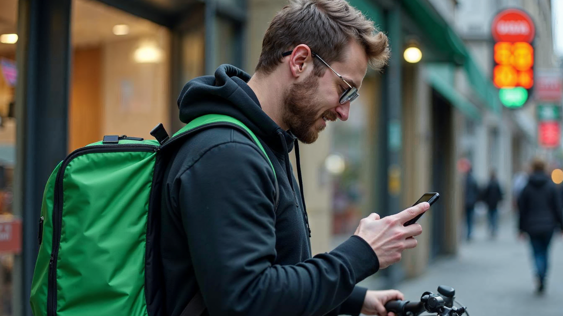 A male delivery rider wearing a black hoodie and a green backpack, checking his phone while standing with his bike on a bustling city street.