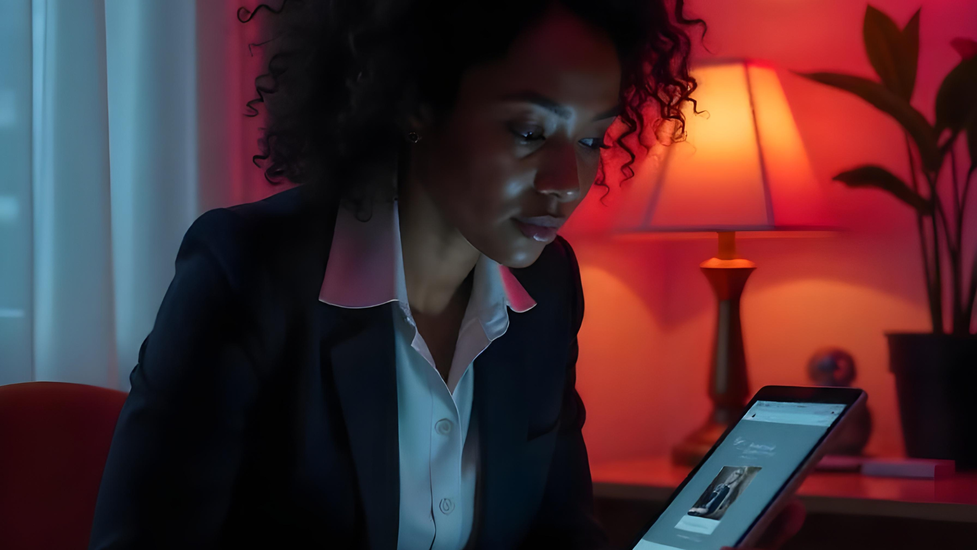 A female American with curly hair checking video content accessibility in law firm on an ipad.