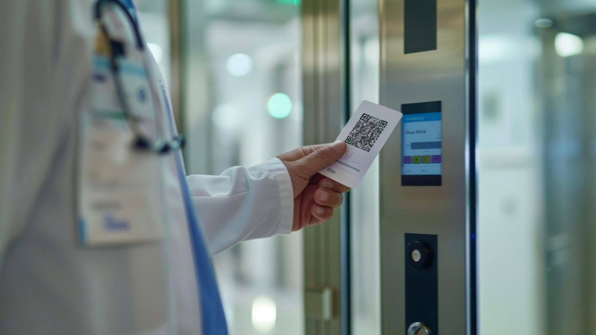 An image showing a medical professional using access control in healthcare facility