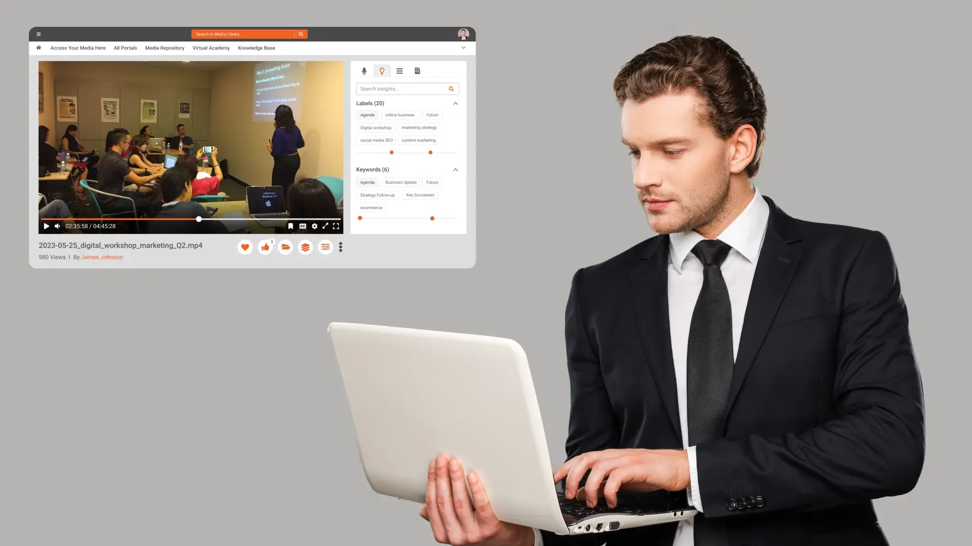 A person using a laptop working on a video platform.