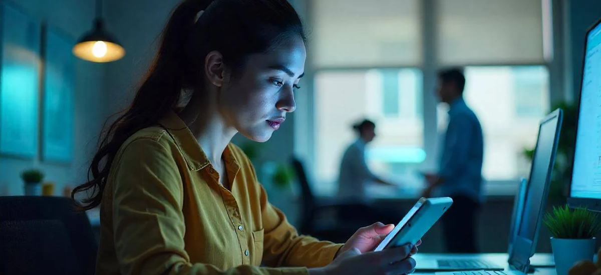 A woman using a tablet pc to view videos with closed captions and subtitles