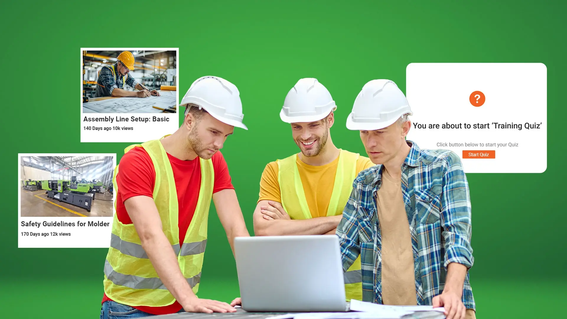 Construction workers looking at a manufacturing video training platform