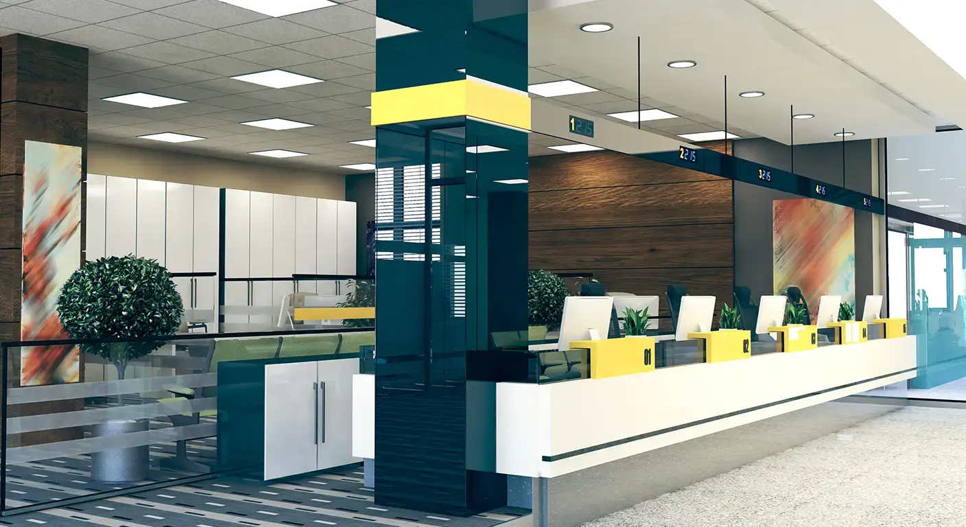 Interior of Farmers and Merchants Bank building, featuring a modern architectural design with glass walls, embodying the bank’s commitment to stability and community presence