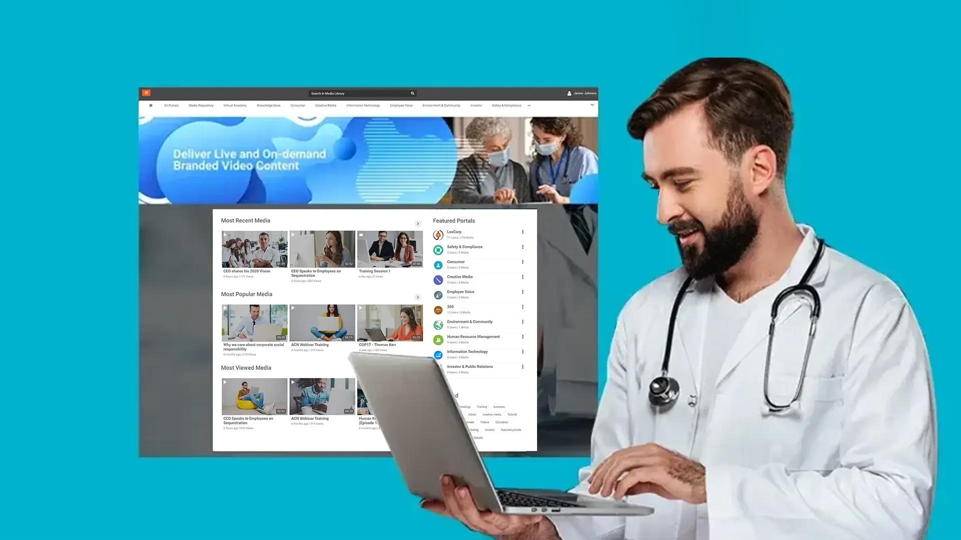 A doctor accessing a video healthcare platform for aftercare