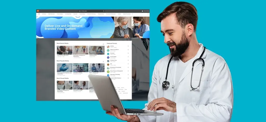 A doctor accessing a video healthcare platform for aftercare