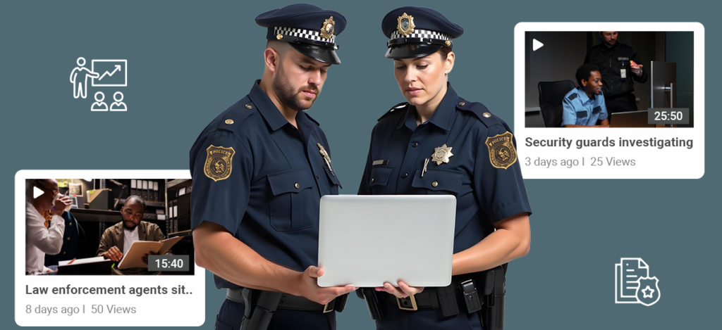 Two police officers, a male and a female, are examining information on a laptop. They are dressed in uniforms with badges, indicating their law enforcement roles. To the right of the officers, a video thumbnail titled 