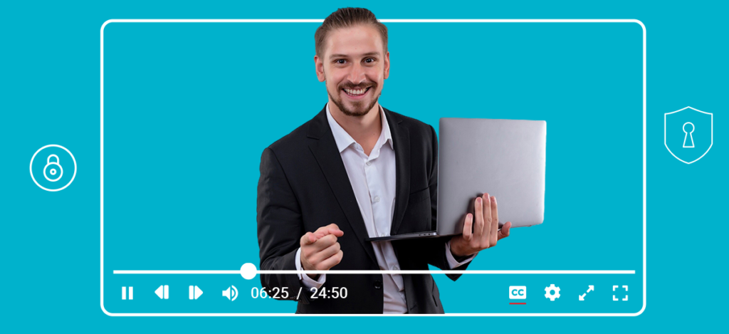 A confident holding a laptop, representing secure video streaming with security icons, ensuring safe and protected video content delivery