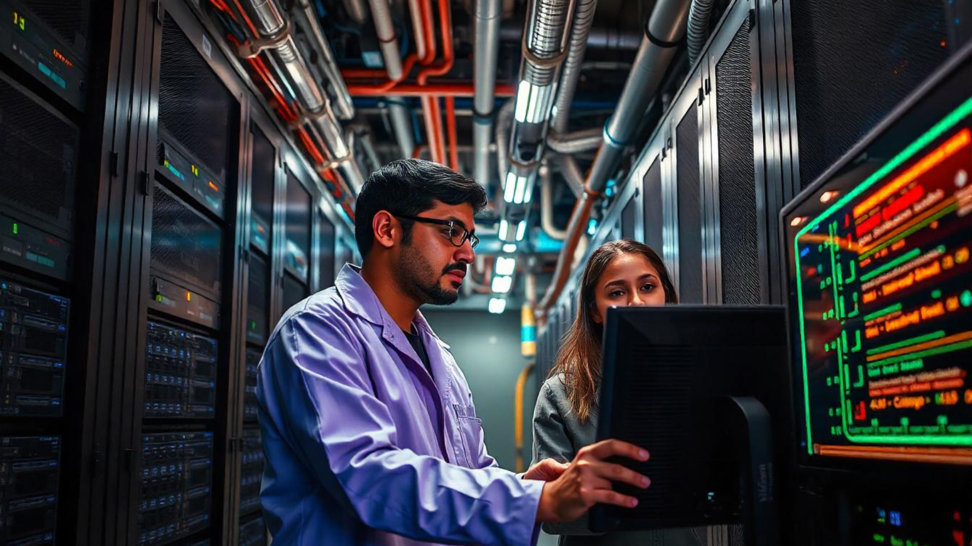 Two IT professionals in a data center analyzing data on a computer monitor, surrounded by server racks and glowing lights