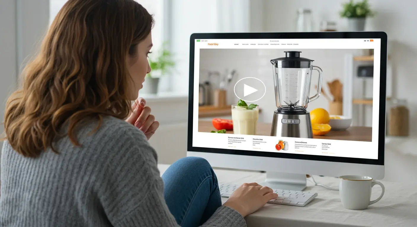 A woman watching an on-demand video demonstrating a blender on an e-commerce website.