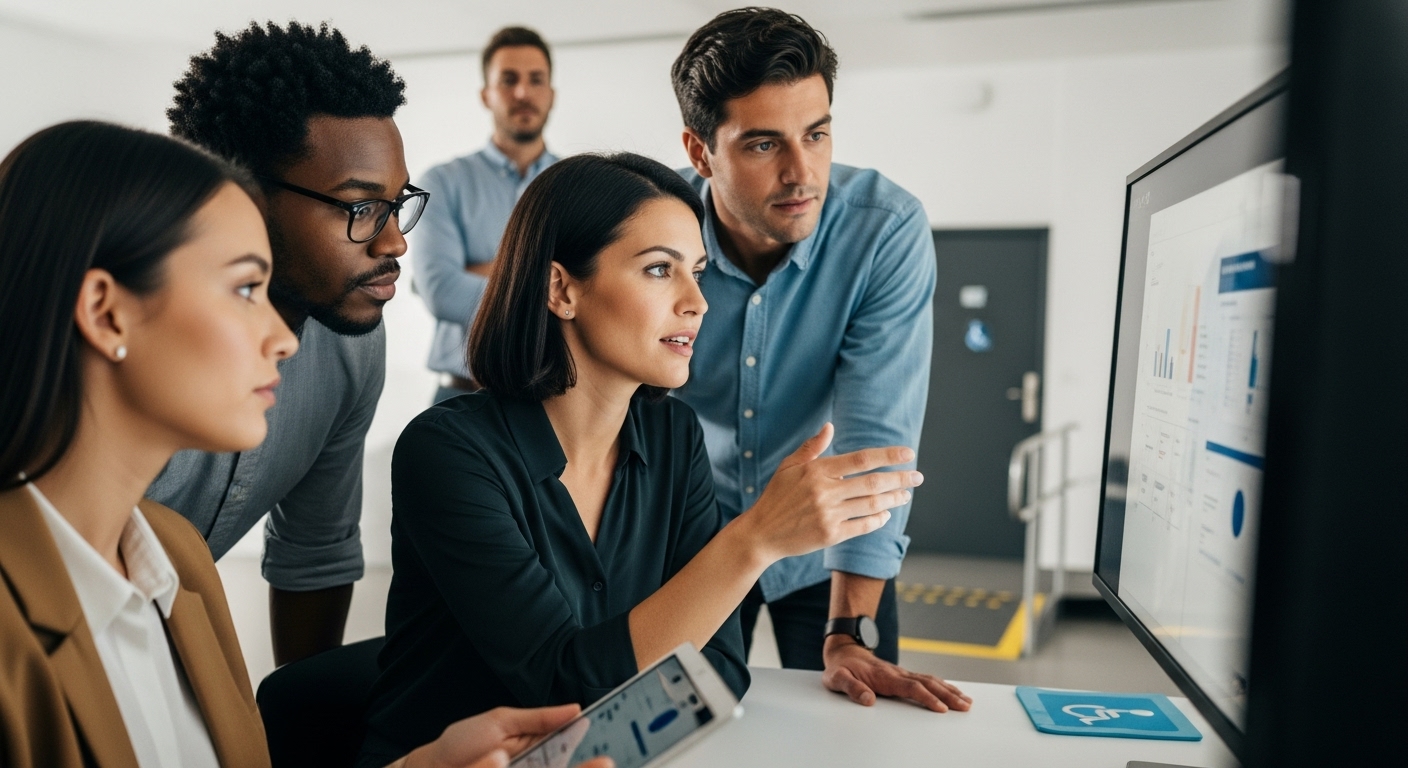 image of employees looking at accessible enterprise video platform