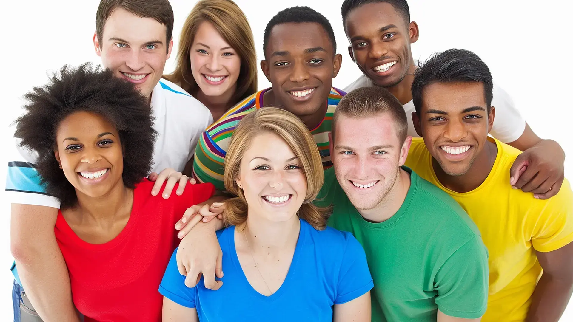 Group of diverse, smiling young adults embracing each other, symbolizing unity, inclusivity, and the supportive community values of SupportiveED