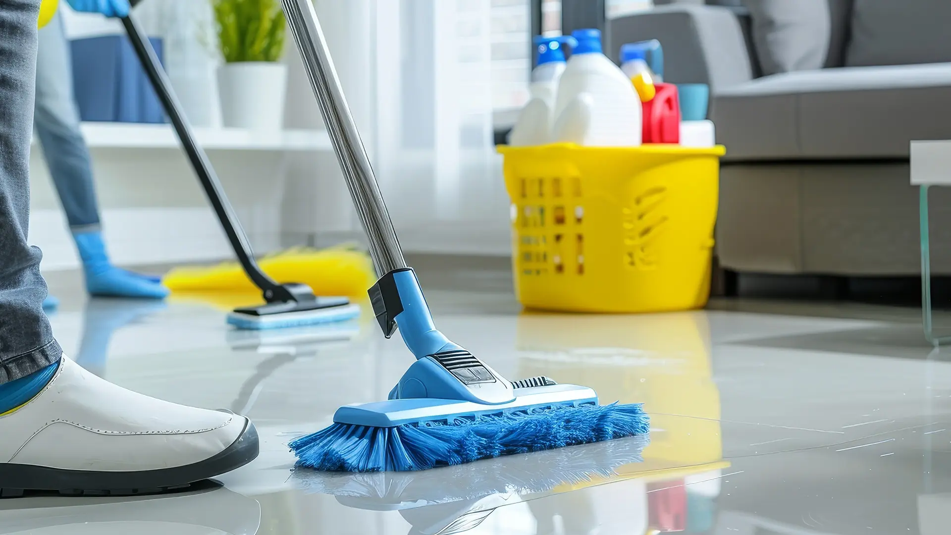 Close-up of professional cleaning tools and supplies on a shiny floor, with workers mopping in the background and a cleaning supplies caddy nearby