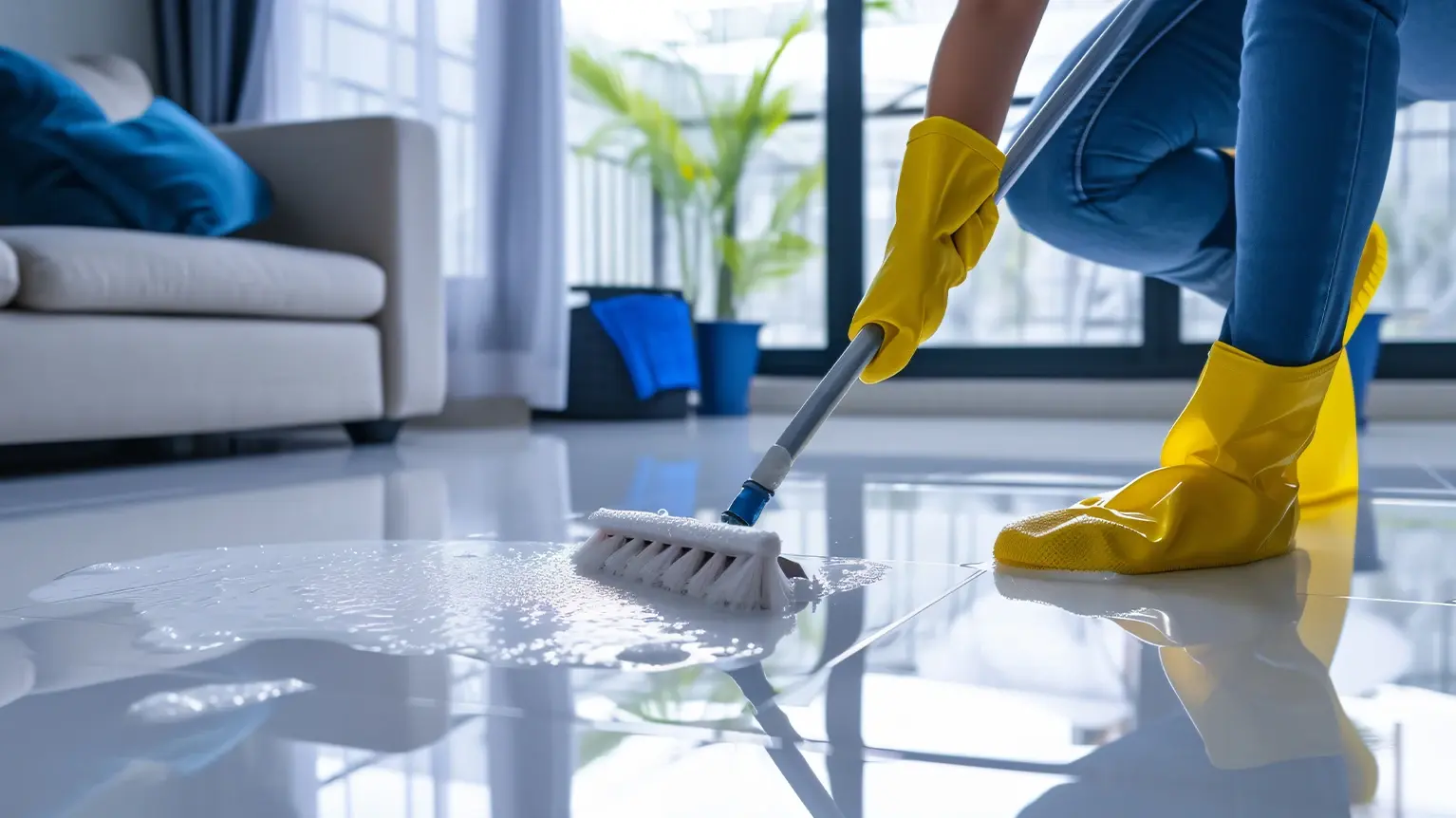 Close-up of professional cleaning tools and supplies on a shiny floor, with workers mopping in the background and a cleaning supplies caddy nearby