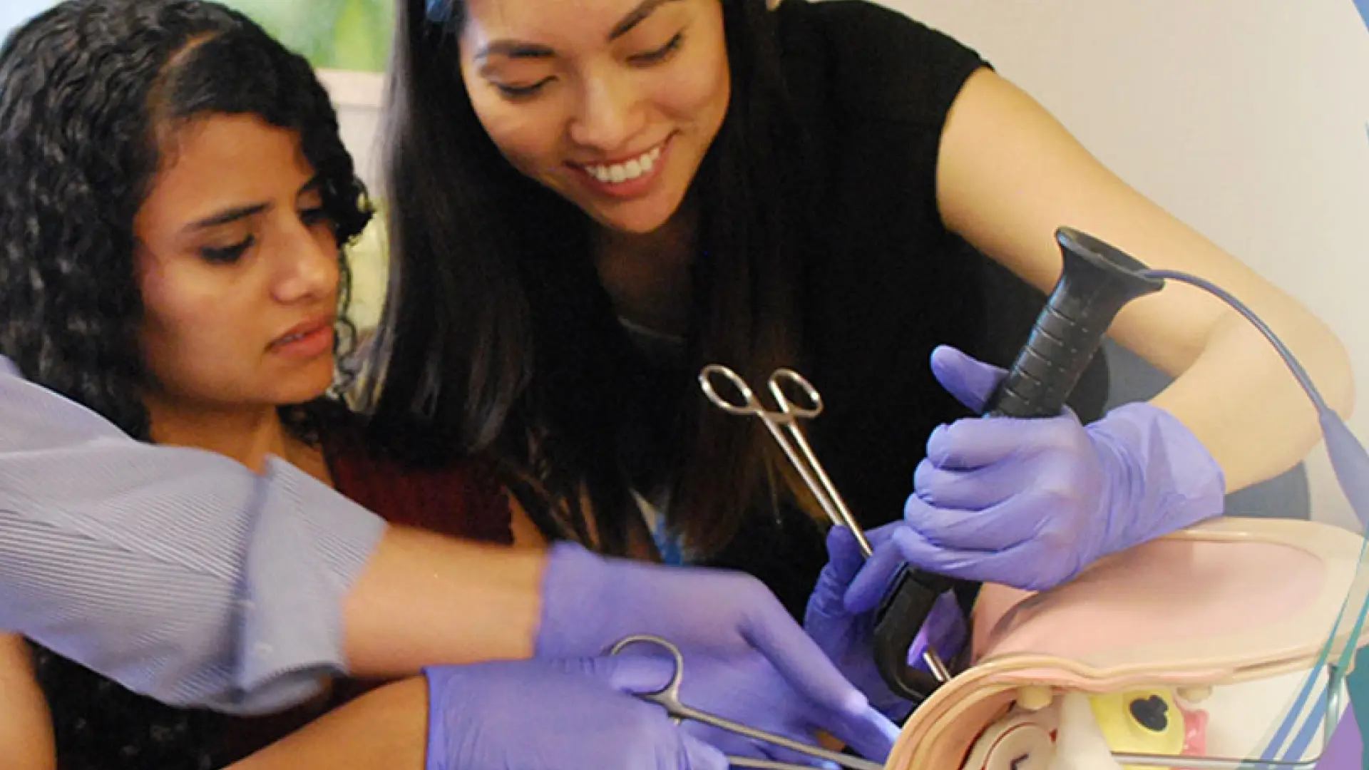 Medical training simulation with two individuals using surgical instruments and a scope on a model, wearing gloves and concentrating on the procedure