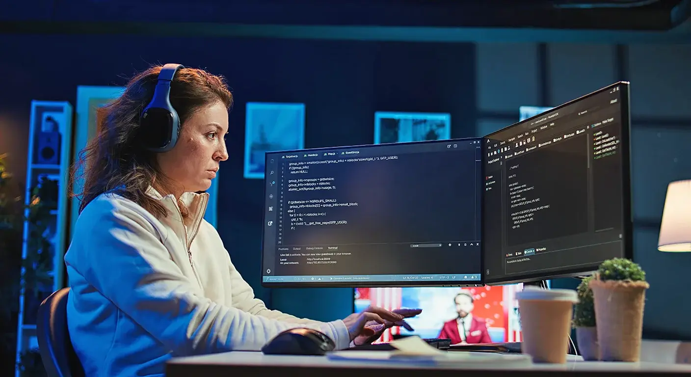 Software developer working on code with focused attention on the screen, representing the innovative software development services provided by OneSoft LLC