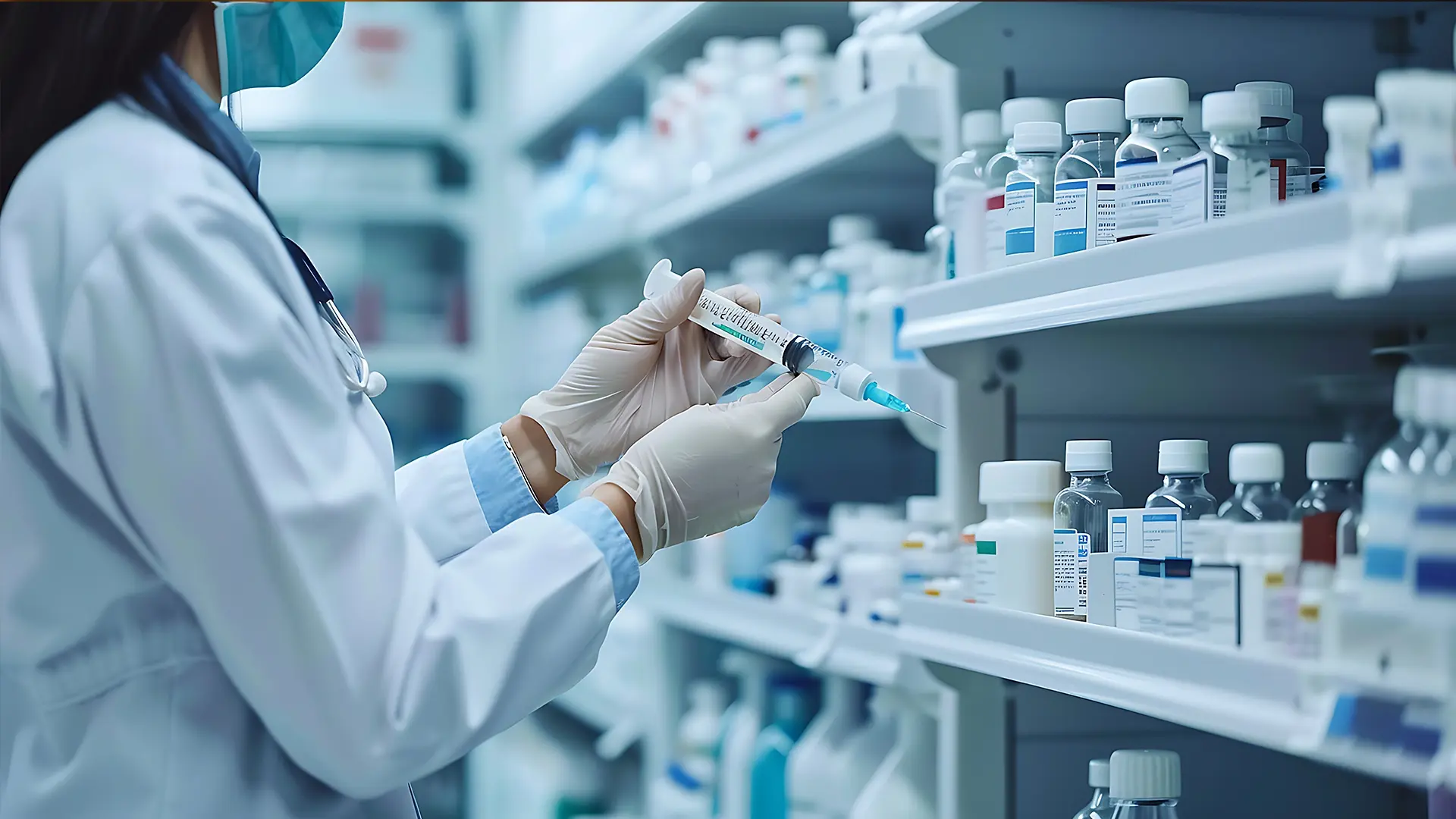 Healthcare professional preparing an injection in a pharmacy setting, representing the pharmaceutical packaging and drug development services provided by PCI Pharma Services