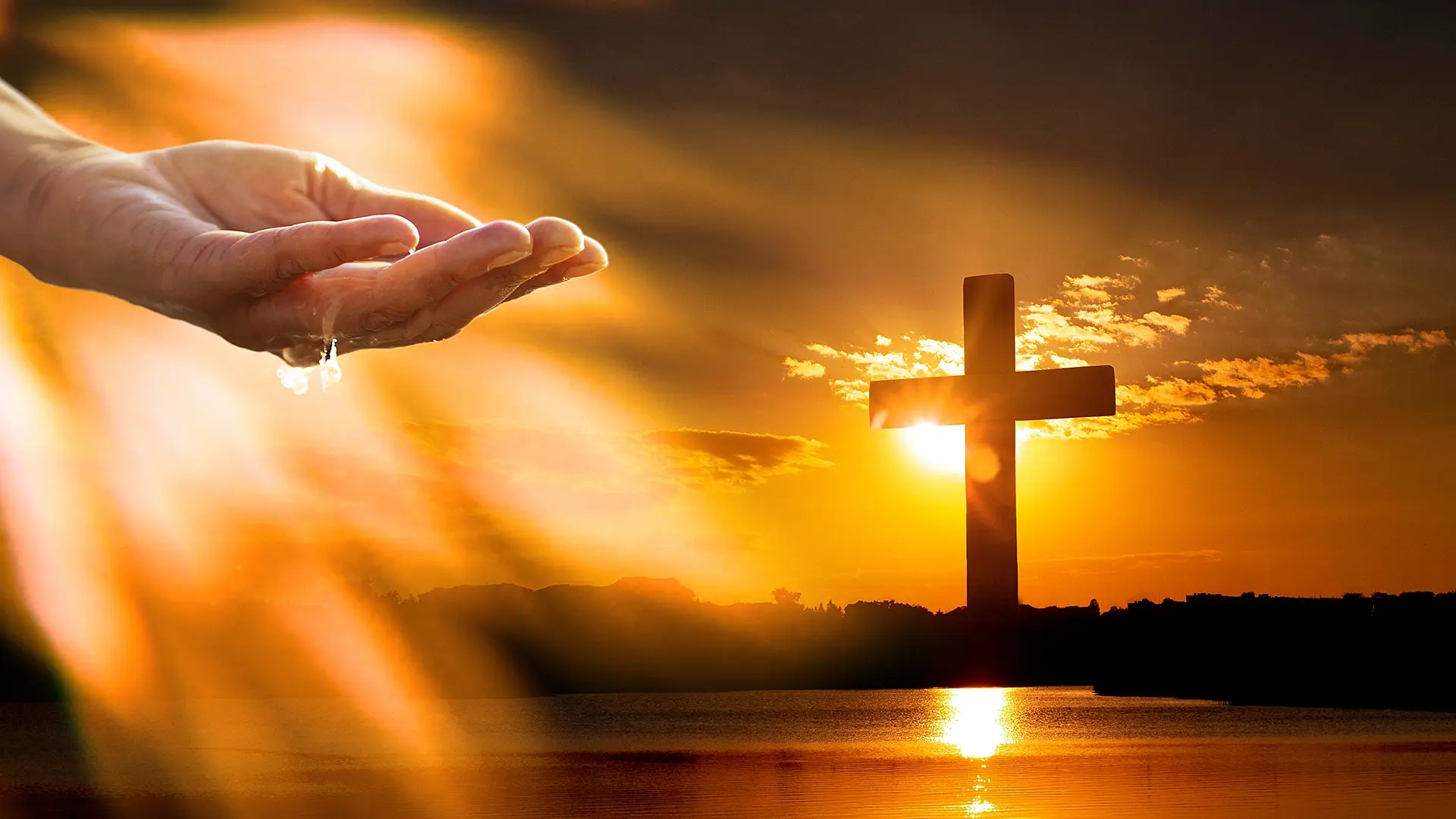 Silhouette of a cross at sunset with hands cupped in reverence, symbolizing themes of faith, reflection, and social justice often associated with the Samuel DeWitt Proctor Conference, Inc