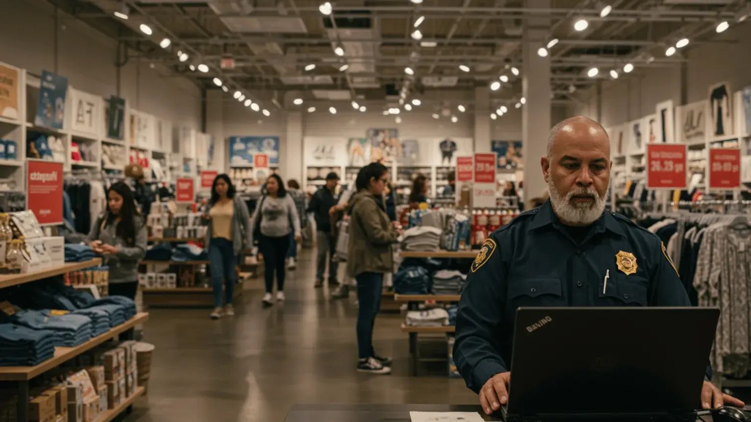 Retail video analytics being watched by guard in a retail store. 