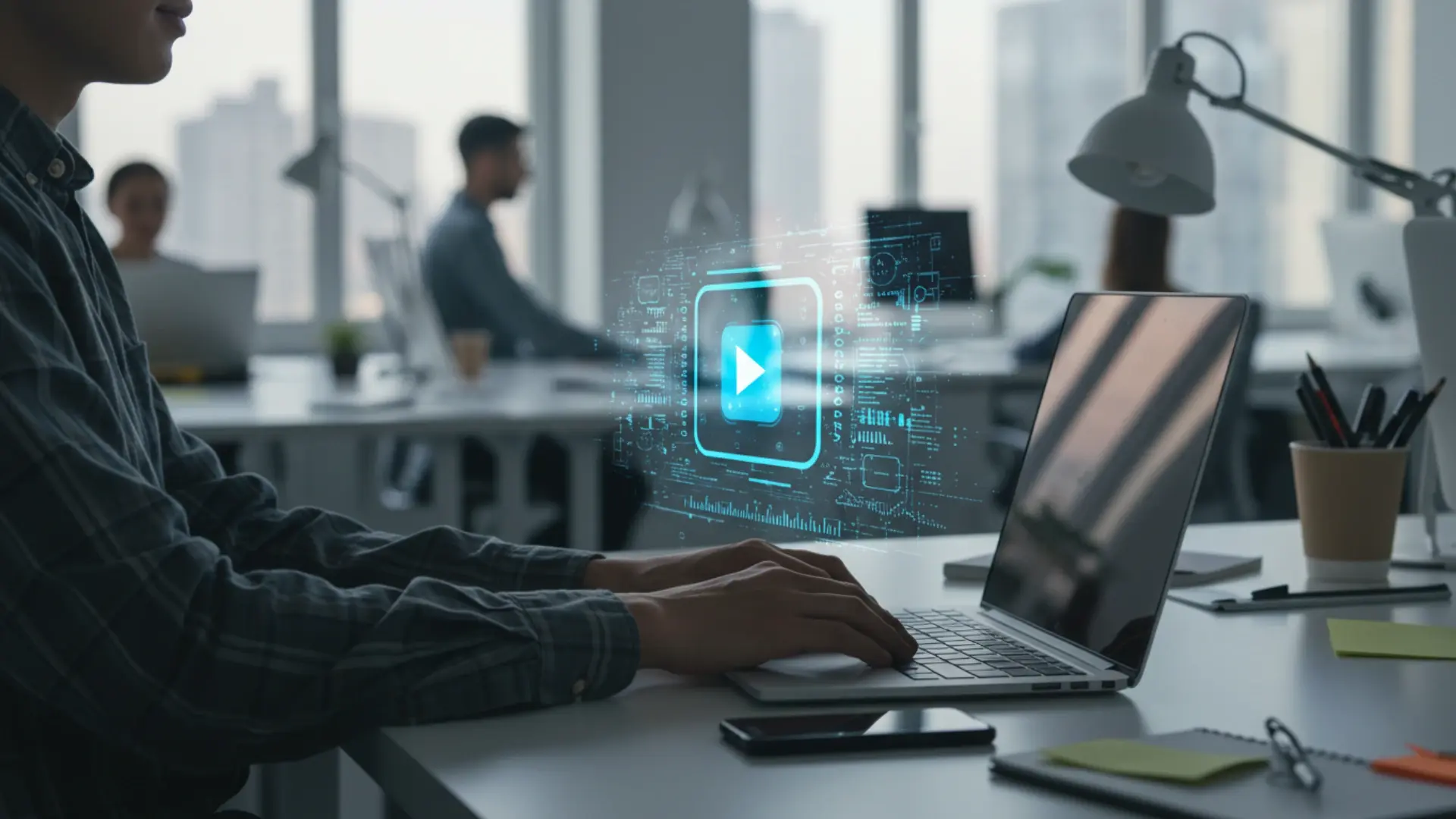 Person using laptop for checking video AI chaptering features. 