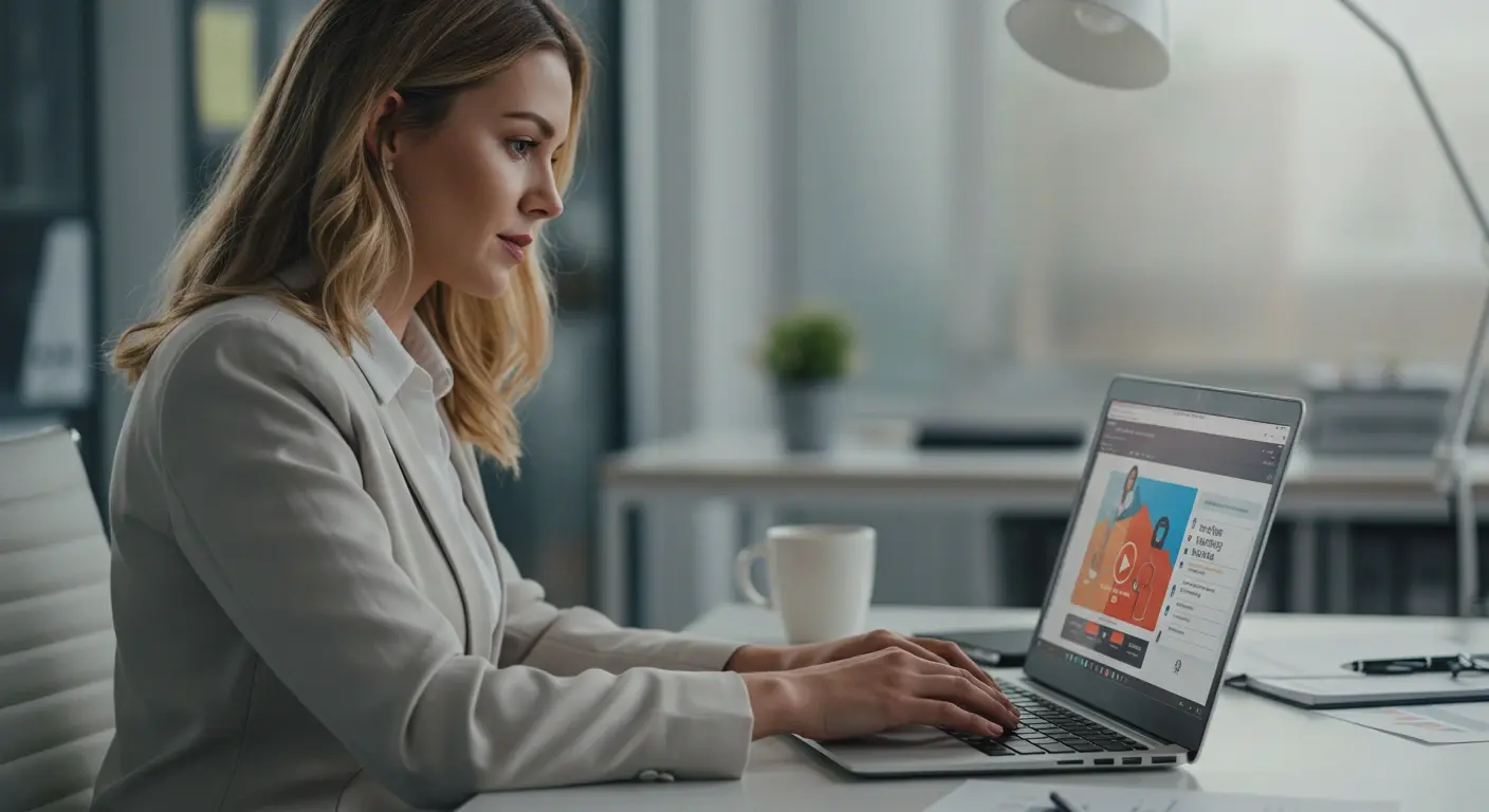 A caucasian female professional is watching an on-demand training video on a laptop in a corporate setting.
