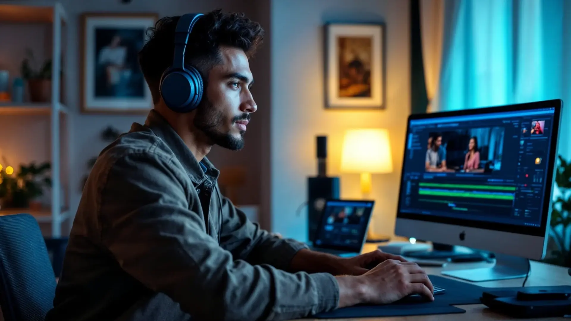 A young man of mixed descent with short dark hair wearing casual headphones, sitting at a contemporary desk with a laptop and video editing software on the screen, with a photo frame in the background.