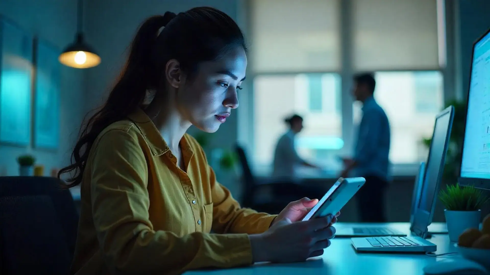 A woman using a tablet pc to view videos with closed captions and subtitles