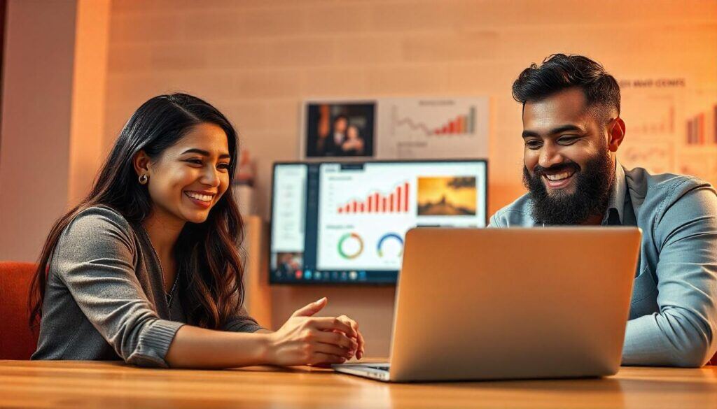 Two sales people sitting, using video for sales to grow prospects