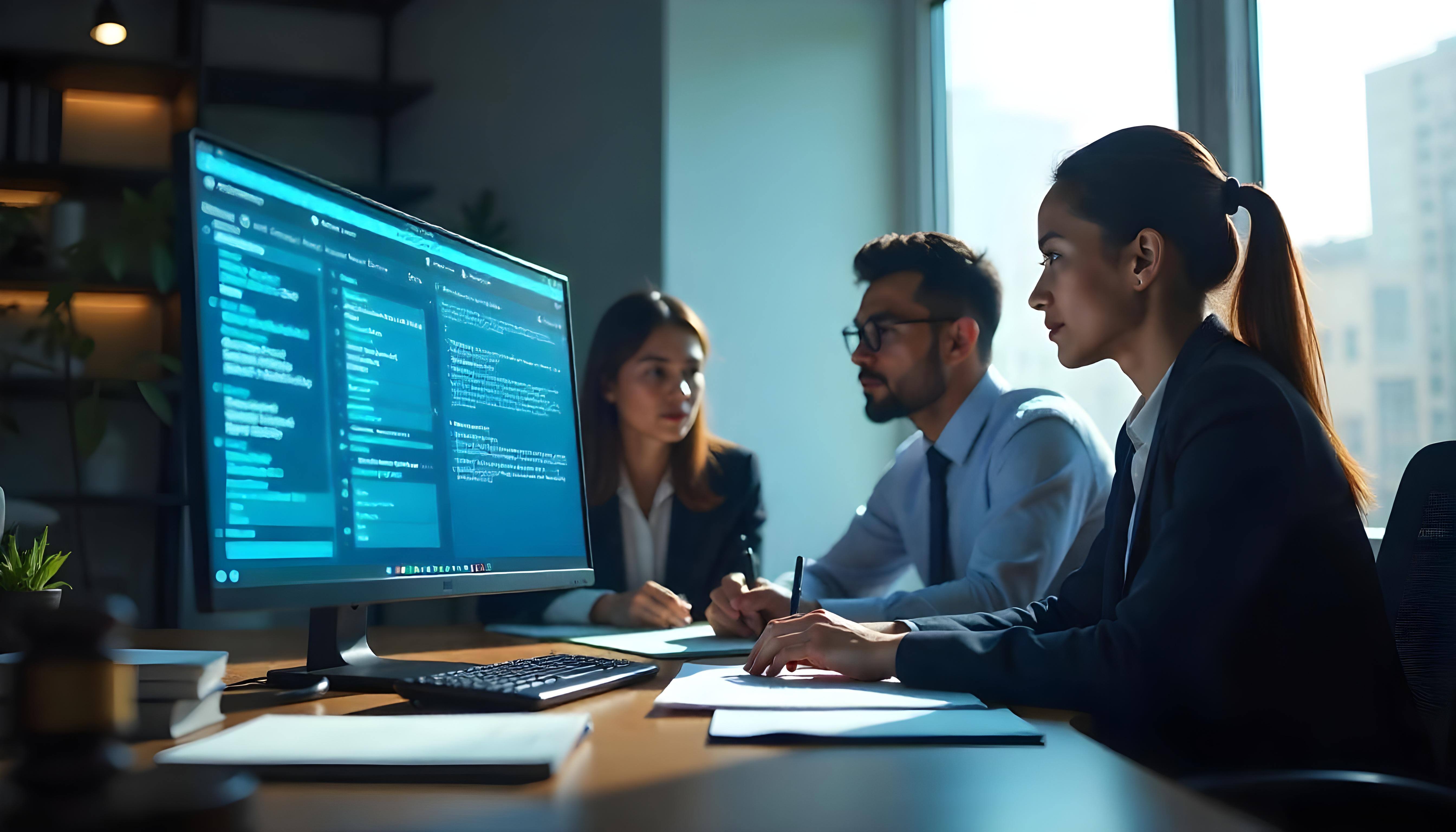 Team of legal professionals using AI transcription software to streamline case documentation and enhance workflow efficiency in a modern office setting