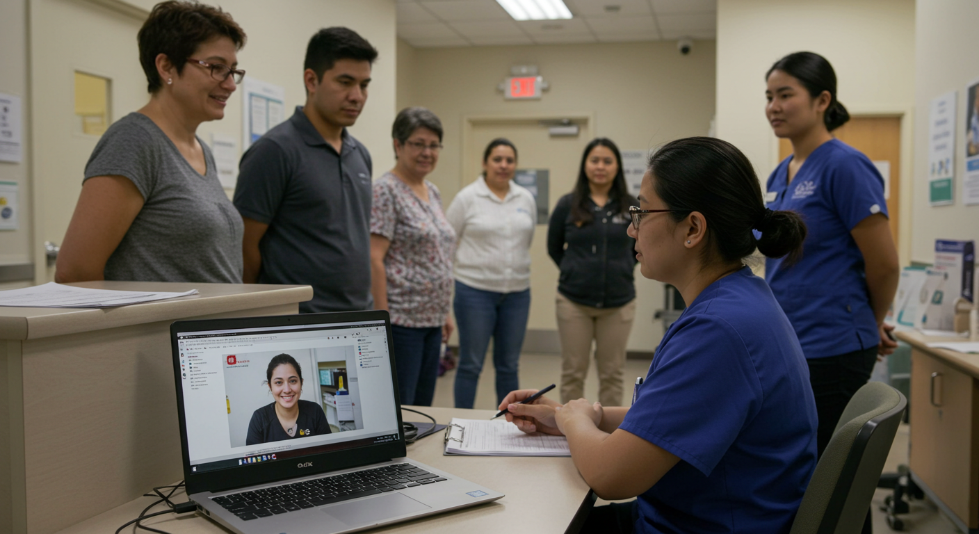 Community health clinic staff participate in a video-based training session, with a nurse taking notes while a virtual instructor appears on a laptop screen—highlighting the importance of HIPAA-compliant video platforms for secure telehealth and training in healthcare settings.