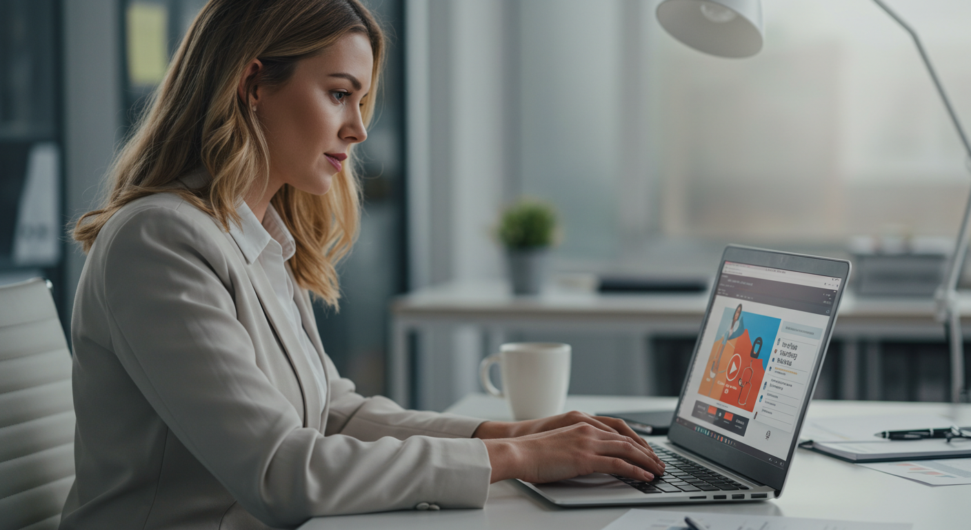 A caucasian female professional is watching an on-demand training video on a laptop in a corporate setting.
