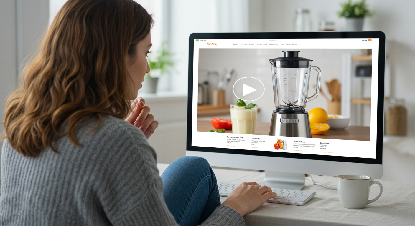 A woman watching an on-demand video demonstrating a blender on an e-commerce website.