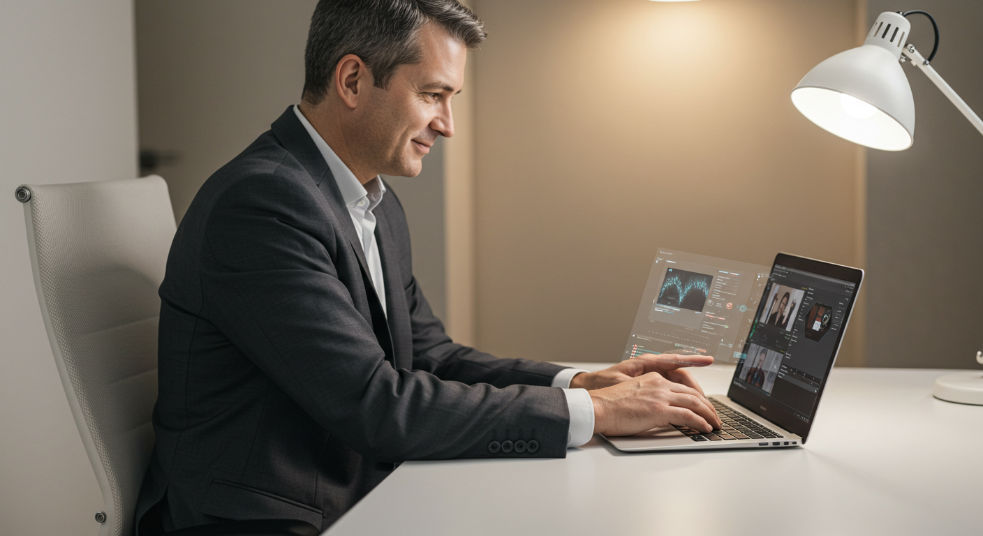 Business professional in a suit working on AI video transcription software on a laptop at a desk.