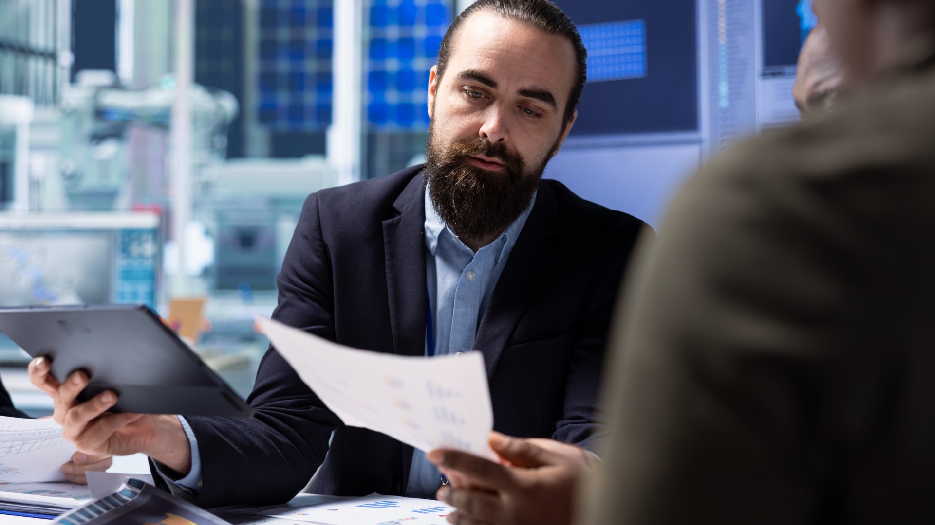 a financial services employee using a knowledge management platform